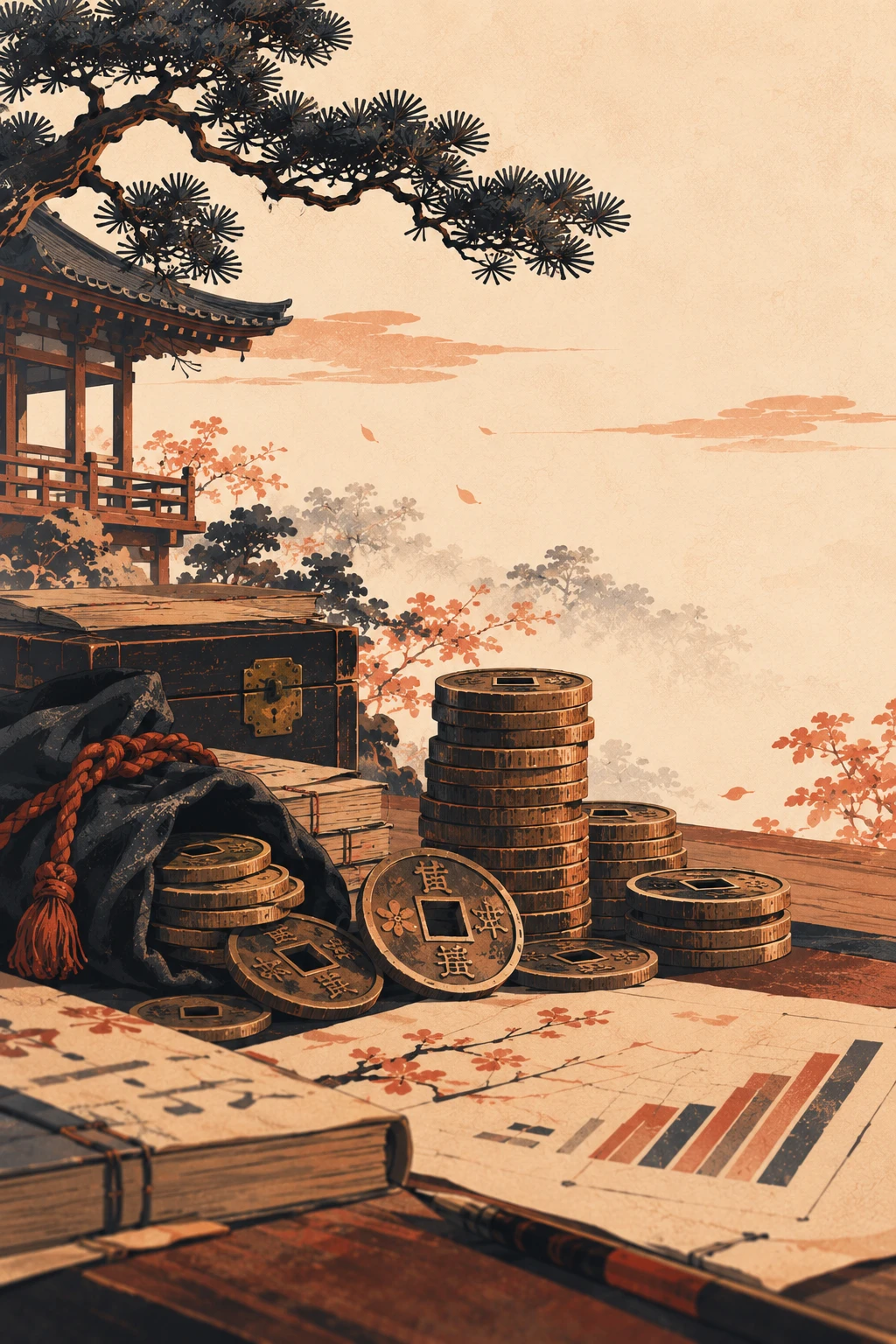 Ilustración de estilo japonés con monedas antiguas apiladas, libros contables y un gráfico de barras